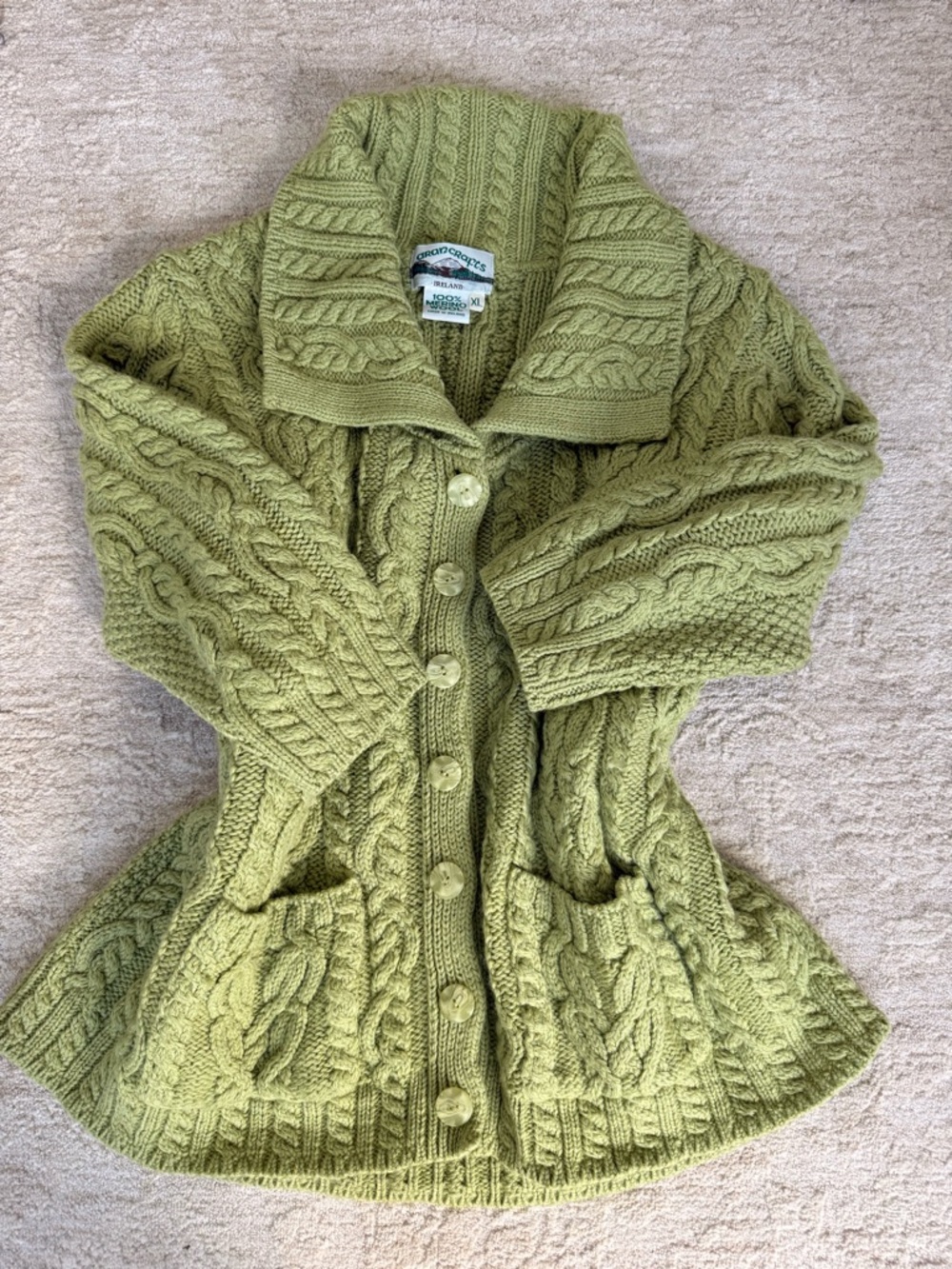 Aran Crafts Ireland Vintage Green Cable Knit Button-Up Sweater Cardigan -